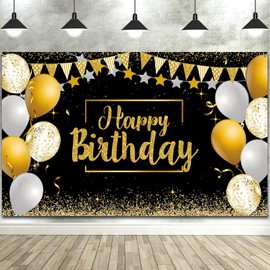Tatuo Happy Birthday Decorations Backdrop Banner, Glitter Birthday Backdrop Sign Poster Party Supplies Photo Background for Men Women, 72.8 x 43.3 Inch(Black and Gold)