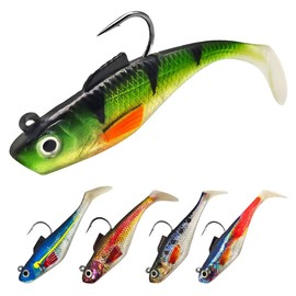 5PCS Pre-Rigged Jig Heads Soft Fishing Lures, Paddle Tail Swim Bait with Lead Hooks Soft Plastic Fishing Lures Sinking Fishing Lures for Bass Trout Walleye Fishing Saltwater Freshwater (O1-2.5in)