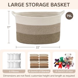 Greadsoel Storage Basket Laundry Hamper Baby Toy Woven Storage Cotton Rope Basket with Handle 2 Free Coaster Large 75L