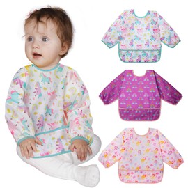 Lictin Lictin 3 Pack Baby Bibs for Girl, Mess Proof Baby Bib, Cute Long Sleeve Bib Outfit, Waterproof Bibs for Toddlers, Adjustable Closure Baby Smock, 6-24 Months Reusable Infant Baby Bibs