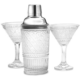 Godinger Cocktail Shaker and Martini Glasses Barware Gift Set, Martini Shaker and 2 Cocktail Glasses Set, Vintage Decor, Claro Collection