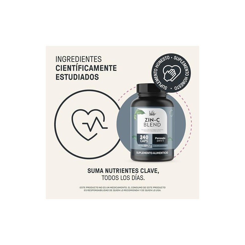 Life 360 Zin Blend 240 Cápsulas Colágeno Hidrolizado Vitamina Gluconato