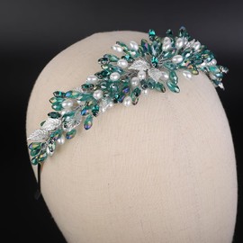 Teyglen Bridal Wedding Crystal Headband Green Rhinestone Pearl Beads Headband Hair Crown Handmade Leaf Headpiece Hair Accessories for Women Party Prom (Peacock green)