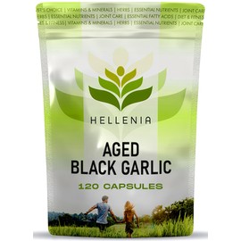 Aged Black Garlic 12,000mg - 120 Capsules | Black Garlic Bulb Extract 100:1 | Aged for Over 6 Months | Antioxidant and Cholesterol Support | Gluten Free - Made in The UK by Hellenia