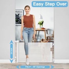 Short Dog Gate 0"-39" Wide Narrow Baby Gate 24” Tall Retractable Baby Gate to Step Over Short Gate for Stairs Low Pet Gate Indoor Mesh Doggie Gates Puppy Gate for Doorway, White