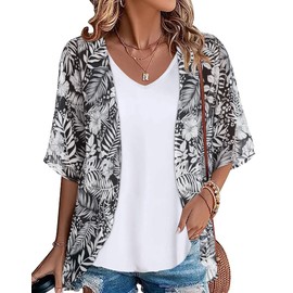 Kimono Cardigans Bathing Suit Cover Up for Women Hawaiian Shirts Sheer Summer Tops Loose Open Front Blouse(White Leaves, M)