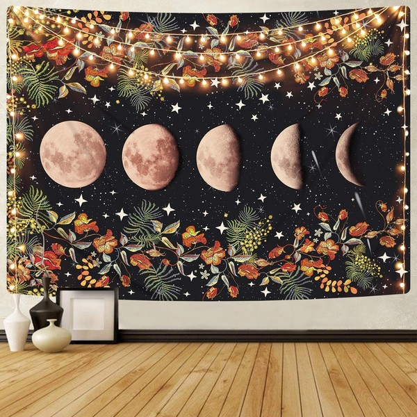 SROOD Moonlit Garden Tapestry, Moon Phase Tapestries Flower Vine Tapestry Black Background Floral Tapestry Wall Hanging for Room(150cm x 200cm)