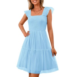 PRETTYGARDEN Womens 2025 Trendy Mini Summer Dresses Sleeveless Tulle Ruffle Square Neck Tiered Smocked Beach Vacation Dress (Light Blue,Small)