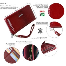 Jennifer Jones Genuine Leather Women's Purse – Fashionable Croco Gloss Look – RFID, red, Modern