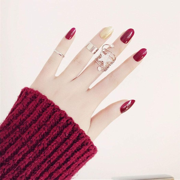 Yienate False Nails Red Round Head Gold Dust French Nails