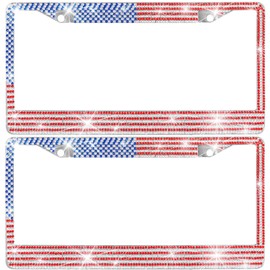BDK Heavy Duty Rust-Proof Stainless-Steel Metal USA United States Flag Rhinestone Sparkly Sparkling Diamond Crystal Bling License Plate Frame Universal Size for Car Truck SUV (Pack of 2)