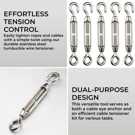 H&S Stainless Steel Turnbuckle Wire Tensioner for Cables Wire - 5pcs - Heavy-Duty Eye Rope Cable Tension Set for Adjusting Length - M4 Stainless Steel Hook and Wire Strainer
