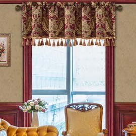 Loom and Mill Luxury Damask Valances for Windows, Thick Chenille Jacquard Window Curtain Valance with Handmade Multi-Tassels, Rod Pocket Blackout Short Curtain 1 Panel, 54” x 18”, Red Brown