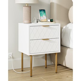 AEPOALUA Nightstand,Small Bedside Table with Gold Frame,White Night Stand,Bedside Furniture,Side Table with Drawer and Shelf for Bedroom,Living Room (Morden-Diamond-Outlet-2Drawers, White)