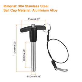 QUARKZMAN T Handle Ball Lock Bolt 1 Piece 10 mm Pin Diameter 60 mm Use Length T Handle Locking Pins Stainless Steel Push Button Quick Release Pin with Lanyard Cable