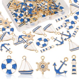GOKEPO 50 Pcs Nautical Charm Ocean Themed Bead Alloy Rudder Boat Charms Anchor Charm Pendants Ship Helm Sailor Navy Charms Accessory Supplies for DIY Jewelry Making Bracelet Necklace Earring