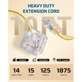 DEWENWILS 10FT Outdoor Heavy Duty Extension Cord, 14 AWG SJTW Power Cord with Dust-Proof & Waterproof Switch, 6 Outlets Transparent Plug Tail for Multiple Devices, 15A/125V/1875W, ETL Listed