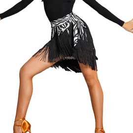 SEAUR Women's Dance Skirt Latin Tango Belly Dance Hip Scarf Fringe Skirt Rumba Cha Cha Samba Ballroom Dance Dress, Zebra stripes (U-shaped)