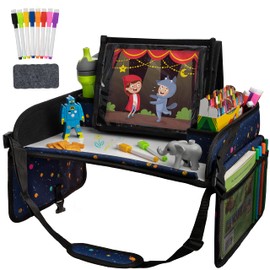 Lusso Gear Kids Travel Desk for Car Seats & Airplane - Car Seat Activity Tray with Dry Erase Top, Tablet Holder, Mesh Pockets & Cup Holder - Lap Desk for Toddlers on Road Trips (Planets)