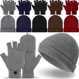 Geyoga 5 Sets Winter Beanies and Gloves 5 Warm Knitted Hats 5 Pairs Flip Fingerless Mittens Cold Gift for Men Women