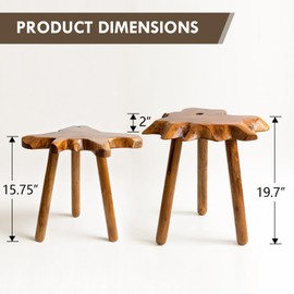 JOLLYMER Natural Teak Wood Live Edge Side Table with Wood Legs – Rustic Side Table for Living Room, Bedroom – Sturdy Real Teak Wood End Table, Easy to Assemble (14"x16"x20" +18"x20"x20")