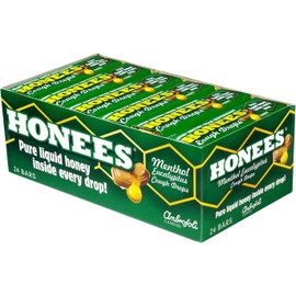 Honees Filled Menthol Cough Drops, Honey, Menthol & Eucalyptus Cough Drops- Natural Sore Throat Relief - Nothing Artificial -Throat Lozenges, Non-GMO, Gluten Free (24 Pack –216 Drops)