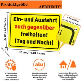 Ein und Ausfahrt Freihalten Auch Gegenüber Sign Metal Reflective 20 x 30 cm, Tag und Nacht Freihalten Sign, Aluminium, UV-Resistant, Waterproof, Rustproof, with Drill Holes