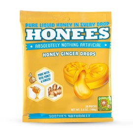 Honees Filled Honey Ginger Drops, Natural Cough Drops- Pure Ginger Sore Throat Relief - Nothing Artificial -Throat Coat Lozenges, Natural Cough Suppressant, Non-GMO (1 Pack – 20 Drops)