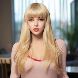 BERRYLION Light Blonde Wig With Bangs For Girls|Long Straight Colored Wigs for Women|(26" Light Blonde)