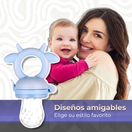 Chupón/Chupete Ergonómico para Frutas, Papillas y Cereales con Seguro y Tapa Protectora Libre de BPA, Unisex de 4m+ (Vaquita - Azul)