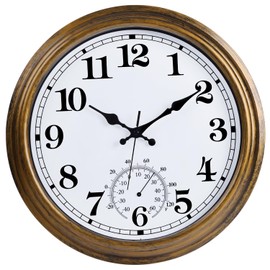16 Inch Large Outdoor Clock, Retro Waterproof Indoor/Outdoor Clock Non-Ticking Clock with Thermometer, Battery Operated Wall Clock for Patio, Garden, Pool - Bronze