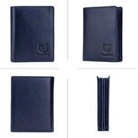 BULLCAPTAIN RFID Blocking Bifold Wallet For Men Genuine Leather Extra Capacity Travel Wallet with 2 Cash Compartments QB027 (Blue)