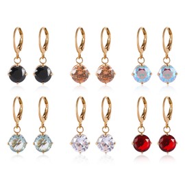 JMFENFA 6 Pairs Birthstone CZ Leverback Dangle Drop Earrings Gold Plated Surgical Stainless Steel Multicolor Round Heart Square Cubic Zirconia Drop Earrings Set (Gold round)