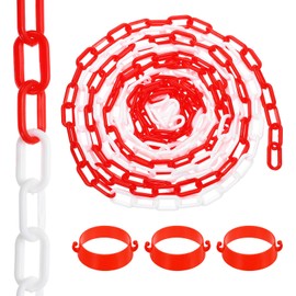 PATIKIL 16.4Ft Plastic Chain Barrier, Safety Link Chain Stanchion with Traffic Cones Connector for Crowd Control at Driveway Elevator Parking Lot, Red White