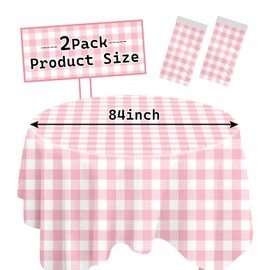 SietDESEO 2 Pack Pink Gingham Tablecloth Round 84 x 84 Pink and White Checkered Table Cloth Disposable Plastic Table Cover for Party Outdoor Picnic Wedding Pink Plastic Tablecloth