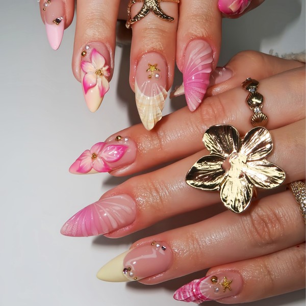 24pcs Summer Press on Nails Medium Almond Fake Nails with