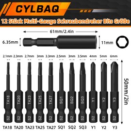 Set of 12 Triangle Screwdriver Bits 50 mm, Hex Shank Triangle Head Screwdriver Bits Square Screwdriver Bits Tri-Wing Bit, S2 Screwdriver Set with 60 mm Bit Holder