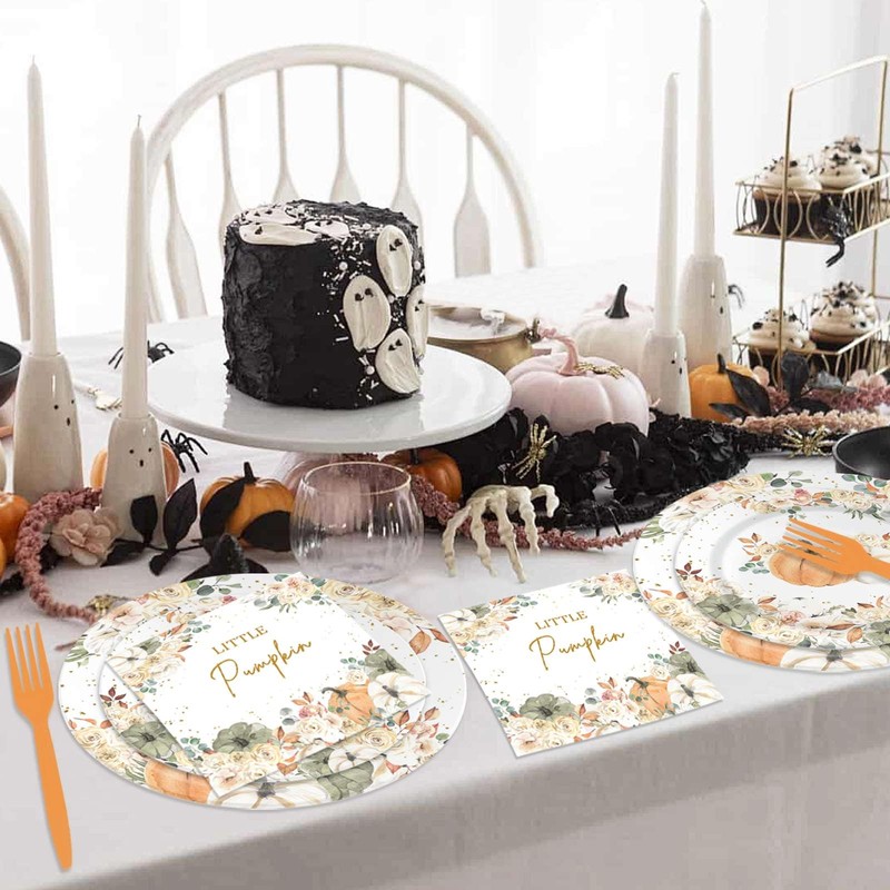 Aumeko Little Pumpkin Plates and Napkins Autumn Pumpkin Baby Shower