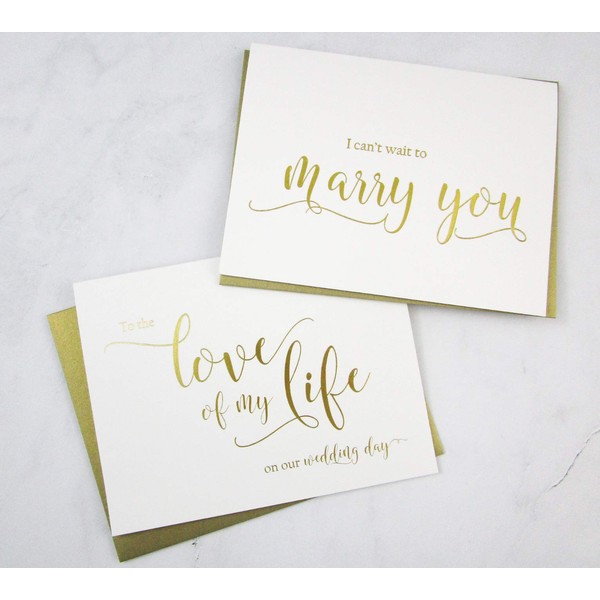Set of 2 Gold Foil Wedding Day Cards with Gold Shimmer Envelopes, To the Love of My Life on our Wedding Day Card, I Can't Wait to Marry You Card