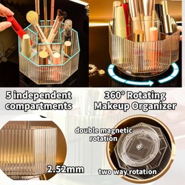 Kueohse Bathroom Vanity Tray Rotating Makeup Brush Holder with 5 Compartments Cosmetic Display Case Skin Care Trar (Transparent)