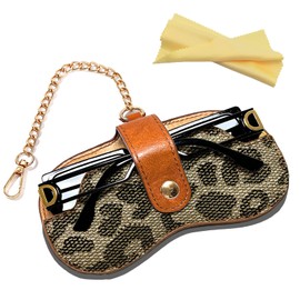 OhPinkShark Leopard Soft Leather Sunglasses Bag for Large Frame, Portable Ultra Slim Case for Oversized Glasses, Travel Eyeglass Organizer with Metal Strap, Women Eyewear Pouch with Cleaning Cloth