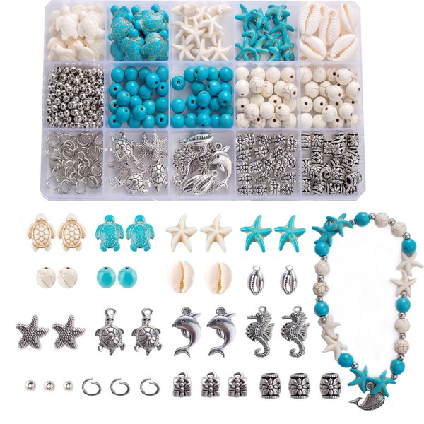 HERZWILD 325Pcs Turquoise Sea Turtle Beads Blue and White Starfish