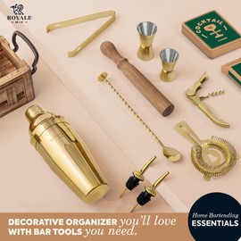 Mixology Bartender Kit with Stand - Bar Set with 25 Cocktail Kit Cards - Bar Kit Drink Mixer Set with Bar Tools - Cocktail Shaker Set Bartending Kit - Ideal Drink Shaker for Housewarming Gift. (Gold)