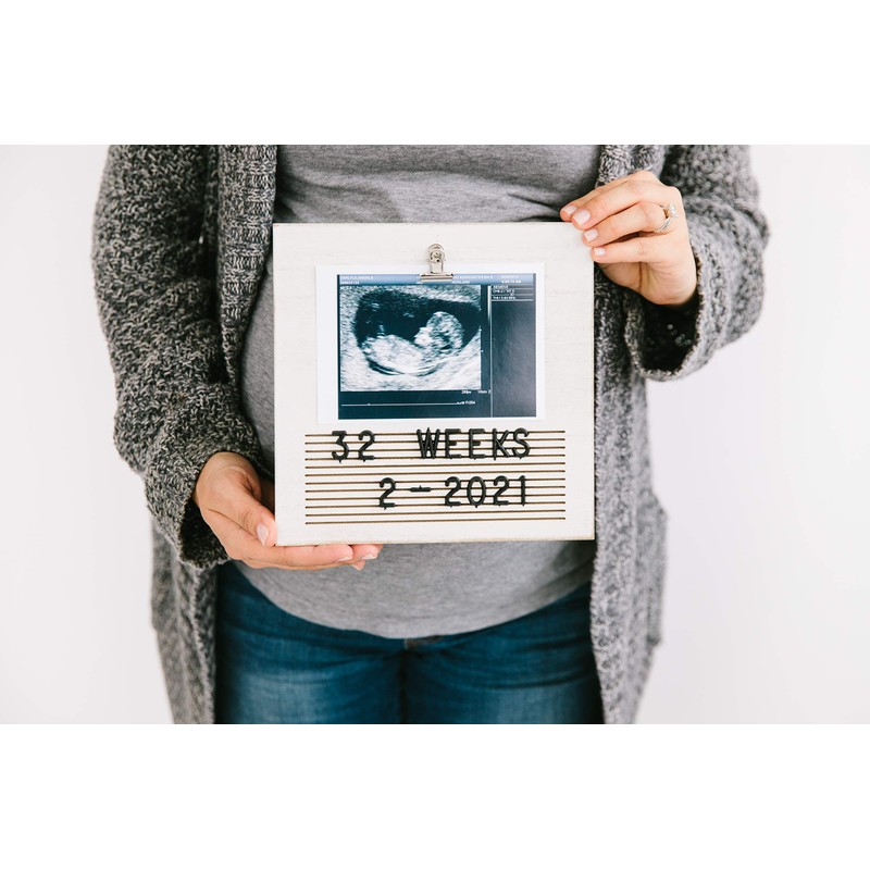 Pearhead Classic Wooden Letterboard, Sonogram Photo Frame, Baby Keepsake Clip