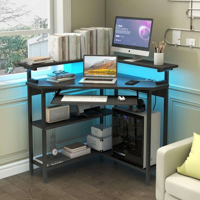 Auromie Corner Desk with Charging Station & LED Light, Triangle