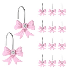 12 Pcs Pink Bow Decor Shower Curtain Hooks, Pink Bathroom Decor Bow Shower Curtain Hooks Rust Proof, Resin Cute Shower Curtain Hook Pink Bathroom Accessories for Bathroom Baby Room Nursery Art Decors