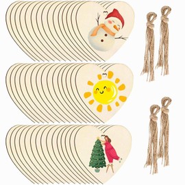 Pack of 50 Wooden Hearts Decoration, BetterJonny Wooden Hearts for Crafts and Decorating, 8 cm Wooden Hearts Discs Wooden Hearts Wedding with 50 Pieces Jute Ropes for Christmas, Valentine's Day,
