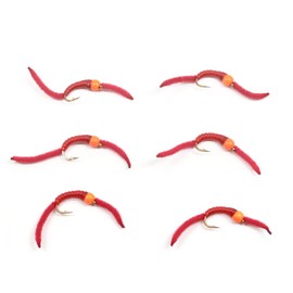 The Fly Fishing Place Trout Nymph Fly - San Juan Worm Power Bead 1/2 Dozen Orange Bead Red V-Rib #14 - Set of 6 Nymph Wet Flies