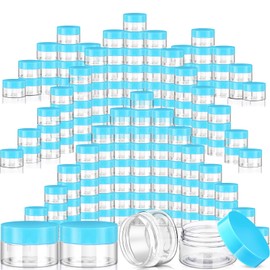 SATINIOR 100 Pcs Plastic Jars with Lids Small Containers Lids Wide Mouth Small Plastic Containers for Lotion Cream Rhinestones Body Butters Travel Storage(8 oz,Clear with Blue Lid)