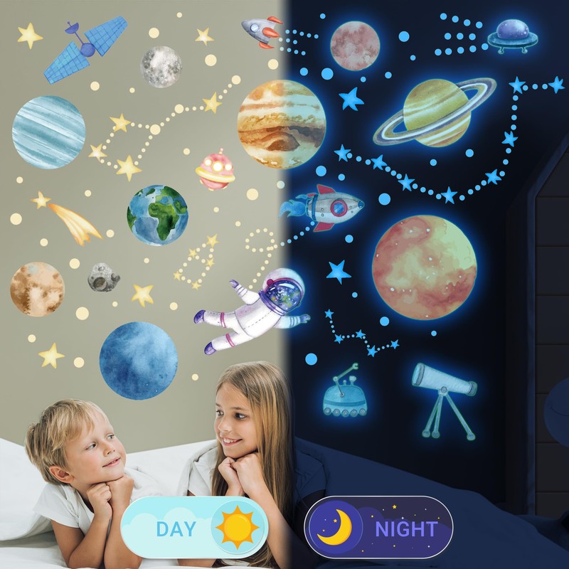 Watercolor Glow in The Dark Stars Solar System Wall Decals,